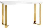 Kosmetinis stalas, baltas su aukso akcentais, grožio darbo vieta, modernūs salono baldai, manikiūro stalas