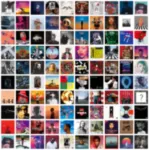Plakatas 100 vnt. 13x13 cm sienos koliažo rinkinys: albumų vir&scaron;eliai, muzika