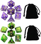 2 žaidimo kauliukų rinkinys, skirtas dungeons and dragons vaidmenų žaidimams, poliedrinių kauliukų rinkinys su juodu mai&scaron;eliu (perlo tamsiai žalia + perlo violetinė)