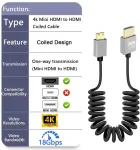 Gelrhonr 4k mini hdmi į hdmi spiralinis kabelis, itin plonas mini hdmi trumpas kabelis, 18 gbps 3d 4k / 60 hz didelės spartos hdmi spyruoklinis kabelis, palaiko 3d, skirtas dslr fotoaparatui, vaizdo kamerai, hdtv, ne&scaron;iojamam kompiuteriui (tiesus)