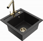 Granitinė virtuvinė plautuvė Mexen Vito su mai&scaron;ytuvu ir sifonu, Metallic juodas/sidabrinis+Gold