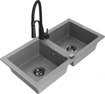 Granitinė virtuvinė plautuvė Mexen Mario su mai&scaron;ytuvu ir sifonu, Pilkas+Juodas