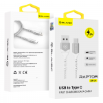 Blavec kabelis Raptor braided - USB į Type C - 2A 3 metras (CRA-UC2WS30) baltos spalvos-sidabro spalvos