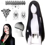 Morticia Addams perukas, 6 perukų rinkinys, ilgi juodi moteri&scaron;ki, ilgas juodas perukas, tiesus juodas perukas, ilgas juodas tiesus perukas, ilgas gotikinis perukas (70 cm), karnavalo cosplay vakarėliui