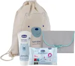 Chicco Natural Sensation rinkinys: krep&scaron;ys, pervystymo paklotas, kremas, servetėlės
