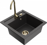 Granitinė virtuvinė plautuvė Mexen Vito su mai&scaron;ytuvu ir sifonu, Juodas granite+Gold