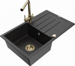 Granitinė virtuvinė plautuvė Mexen Bruno su mai&scaron;ytuvu ir sifonu, Metallic juodas/sliver+Gold