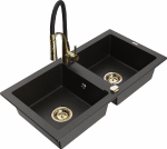 Granitinė virtuvinė plautuvė Mexen Mario su mai&scaron;ytuvu ir sifonu, Metallic juodas/auksinis+Juodas/Gold