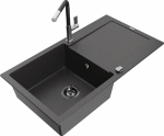 Granitinė virtuvinė plautuvė Mexen Leo su mai&scaron;ytuvu ir sifonu, Juodas granite+Juodas/Chrome