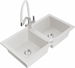 Granitinė virtuvinė plautuvė Mexen Mario su mai&scaron;ytuvu ir sifonu, Baltas+Baltas/Chrome