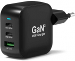 PORT CONNECT GaN2 wall charger for 2&times;USB-C PD and USB-A QC, 65W, Juodas