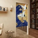 Ligicky japoni&scaron;ko stiliaus stora lininė noren ilga užuolaida durų užuolaida kambario pertvara gobelenas namų tekstilei, žalia, karūnuotas kranas ir banga (85 x 150 cm)