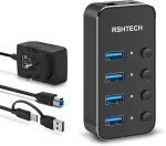 Aktyvus Usb 3.0 &scaron;akotuvas su maitinimo &scaron;altiniu, Rshtech Usb 3.0 &scaron;akotuvas su 4 duomenų prievadais Usb 3.0 prievadų skirstytuvas su 100 cm 2-in-1 hibridiniu duomenų kabeliu (type A/type C), 10w (5v/2a) maitinimo &scaron;altinis, aliuminis, Rsh-st04