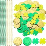 Otuuz St. Patrick's dienos stalo dekoracijos, 100 vienetų plastikinių dobilų, sėkmės monetos, 20g dobilų konfeti, konfeti dekoracija, 6 vienetai auksinių žalių perlų karolių, sėkmės monetos airi&scaron;kiems vakarėlių mai&scaron;eliams