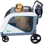 Ownpets labai didelis &scaron;unų vežimėlis vidutinio dydžio ir dideliems &scaron;unims iki 70 kg, su laikymo krep&scaron;iu, reguliuojama rankena, kvėpuojančiu tinkleliu, sulankstomas, 4 guminiai ratai