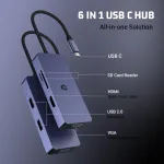 Usb c adapteris hub, usb c hub, 4k hdmi vga usb hub, 6 viename adapteris su usb a, usb 2.0, sd/tf kortelių skaitytuvu, suderinamas su mac, windows ir ios sistemų ne&scaron;iojamaisiais kompiuteriais