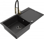 Granitinė virtuvinė plautuvė Mexen Leo su mai&scaron;ytuvu ir sifonu, Metallic juodas/sidabrinis+Juodas/Gold