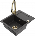 Granitinė virtuvinė plautuvė Mexen Enzo su mai&scaron;ytuvu ir sifonu, Juodas granite+Gold