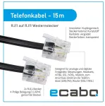 Ecabo 10089 15m modulinis telefono kabelis - 2x Rj11 ki&scaron;tukai - jungiamasis kabelis - vakarinis ki&scaron;tukas - 4 gyslų / 6p4c / 1:1 - plok&scaron;čias kabelis telefonui, Isdn, atsakikliui, faksui, modemui - juodas