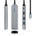 USB &scaron;akotuvas Aisens USB-C dock 5 en 1, USB-C a 1xHDMI, 1xRJ45, 2xUSB, 1xPD, Gris, 15 cm