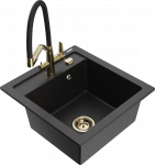 Granitinė virtuvinė plautuvė Mexen Vito su mai&scaron;ytuvu ir sifonu, Metallic juodas/sidabrinis+Juodas/Gold