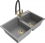 Granitinė virtuvinė plautuvė Mexen Tomas su mai&scaron;ytuvu ir sifonu, Pilkas+Juodas/Gold