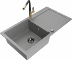 Granitinė virtuvinė plautuvė Mexen Leo su mai&scaron;ytuvu ir sifonu, Pilkas+Juodas/Gold