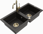 Granitinė virtuvinė plautuvė Mexen Mario su mai&scaron;ytuvu ir sifonu, Metallic juodas/auksinis+Gold
