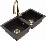Granitinė virtuvinė plautuvė Mexen Mario su mai&scaron;ytuvu ir sifonu, Metallic juodas/auksinis+Gold