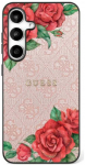 Dėklas Guess Leather 4G Flowers Print Metal Classic Logo MagSafe Samsung Galaxy S25 dėkals telefonui rožinės spalvos