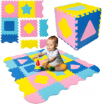 Humbi Mata edukacyjna 120 x 120 cm Kojec Grube Puzzle piankowe 30 x 30 cm Kształty Kolor geltona mėlyna rožinis