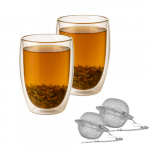 Winder Home Termo stiklinė 350 ml su dvigubomis sienelėmis &ndash; 2 vnt. + 2 nerūdijančio plieno arbatos sieteliai