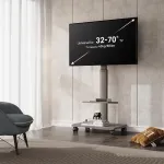 Laikiklis Fitueyes tv grindų stovas su medine lentyna, tv stovas su ratukais, reguliuojamo auk&scaron;čio pasukamas stovas 32&ndash;70 colių plok&scaron;čiaekraniams televizoriams iki 40 kg, maks. vesa 400 x 600