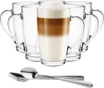 Glasmark Krosno 1992 Latte Macchiato stiklinės su rankena ir &scaron;auk&scaron;teliu, 6 vnt. rinkinys, 400 ml, stiklinės arbatai, puodeliai kavai, cappuccino, &scaron;altai arbatai, skaidrus stiklas