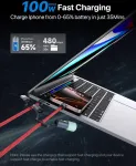 Soopii 100w 5a multi-usb-c įkrovimo kabelis su led lempute stovyklavimui, 4-in-1 c/a į c/ip greito įkrovimo kabelis, nailoninis pintas type-c kabelis telefonams, plan&scaron;etiniams kompiuteriams, ne&scaron;iojamiems kompiuteriams ir daugiau (raudonas, 2m)