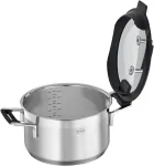 R&ouml;sle Silence Pro puodas, auk&scaron;tos kokybės universalus puodas pagamintas i&scaron; 18/10 nerūdijančio plieno, 24 cm, stiklinis dangtis, vidinė skalė, tinka indukcinėms viryklėms, galima plauti indaplovėje, sidabrinis/juodas