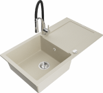 Granitinė virtuvinė plautuvė Mexen Leo su mai&scaron;ytuvu ir sifonu, rusvai gelsvas+Juodas/Chrome