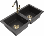 Granitinė virtuvinė plautuvė Mexen Mario su mai&scaron;ytuvu ir sifonu, Juodas granite+Juodas granite/Gold
