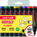 Uni-Ball Uni Prockey žymekliai, 8 vnt. rinkinys, apvaliais galiukais (juoda, raudona, mėlyna, žalia, geltona, ruda, oranžinė, violetinė), linijos 1,8&ndash;2,2 mm - Vandens pagrindo ra&scaron;alas, Waterproff, Fadeproff, bekvapis ra&scaron;alas