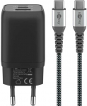 Kabelis USB Goobay goobay USB-C greitas įkroviklis Nano, PD, GaN, 65 vatai, USB-C tekstilinis kabelis (juodas, 1x USB-A, 2x USB-C PD, Quick Charge 3.0, 1 metro kabelis)