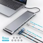 Tymyp 10-in-1 triguba doko stotis Usb C, dvigubas monitoriaus Usb C &scaron;akotuvas su 4k Hdmi, Vga, 3 x Usb 3.0, Pd 100 W, Ethernet, Sd/tf lizdai, ne&scaron;iojamojo kompiuterio doko stotis, suderinama su ne&scaron;iojamuoju kompiuteriu ir Windows