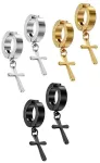 Leeq jewellery unisex kreoliniai auskarai i&scaron; nerūdijančio plieno su kryžiumi be skylės, netikri auskarai-vinukai, auskarai-lankeliai (sidabriniai + auksiniai + juodi (3 poros)