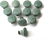 Auped 12 vnt. senovinių baldų rankenėlių rinkinys (34 mm) - retro gėlių dizainas žalios spalvos - virtuvės spintelėms, stalčiams ir komodoms - su montavimo medžiagomis (žalia)