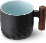 Vetin 60 ml keraminiai espresso puodeliai su medine rankena, modernaus dizaino espresso puodeliai stilingam kavos mėgavimuisi (juodi)