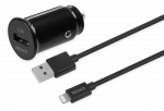 USB automobilinis įkroviklis DELTACO 1x USB-A 2,4 A, 1 m Lightning laidas, juodas / USB-CAR130