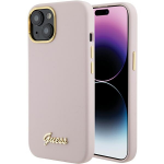 Apple iPhone 15 Guess dėklas silikoninis Script Metal Logo & Frame (GUHCP15SSMBSLP) rožinės spalvos
