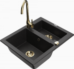 Granitinė virtuvinė plautuvė Mexen Carlos su mai&scaron;ytuvu ir sifonu, Metallic juodas/sidabrinis+Gold