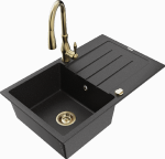 Granitinė virtuvinė plautuvė Mexen Bruno su mai&scaron;ytuvu ir sifonu, Metallic juodas/sidabrinis+Gold