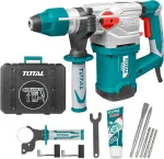 Total kombinuotas plaktukas 1500 W | 5.5 J smūgio energija | 850 Rpm plienui, medžiui ir betonui | Sds-plus kotas, įskaitant 3 grąžtus ir 2 kaltus | Balta ir mėlyna, 1/2 colio, metalas