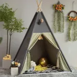 Treebud Tipis palapinė vaikams su pamink&scaron;tintu kilimėliu, sulankstomos tamsių atspalvių žaidimų palapinės mergaitėms ir berniukams su ne&scaron;iojimo krep&scaron;iu, drobės tipis namelis vaikams, naudojimui patalpose ir lauke